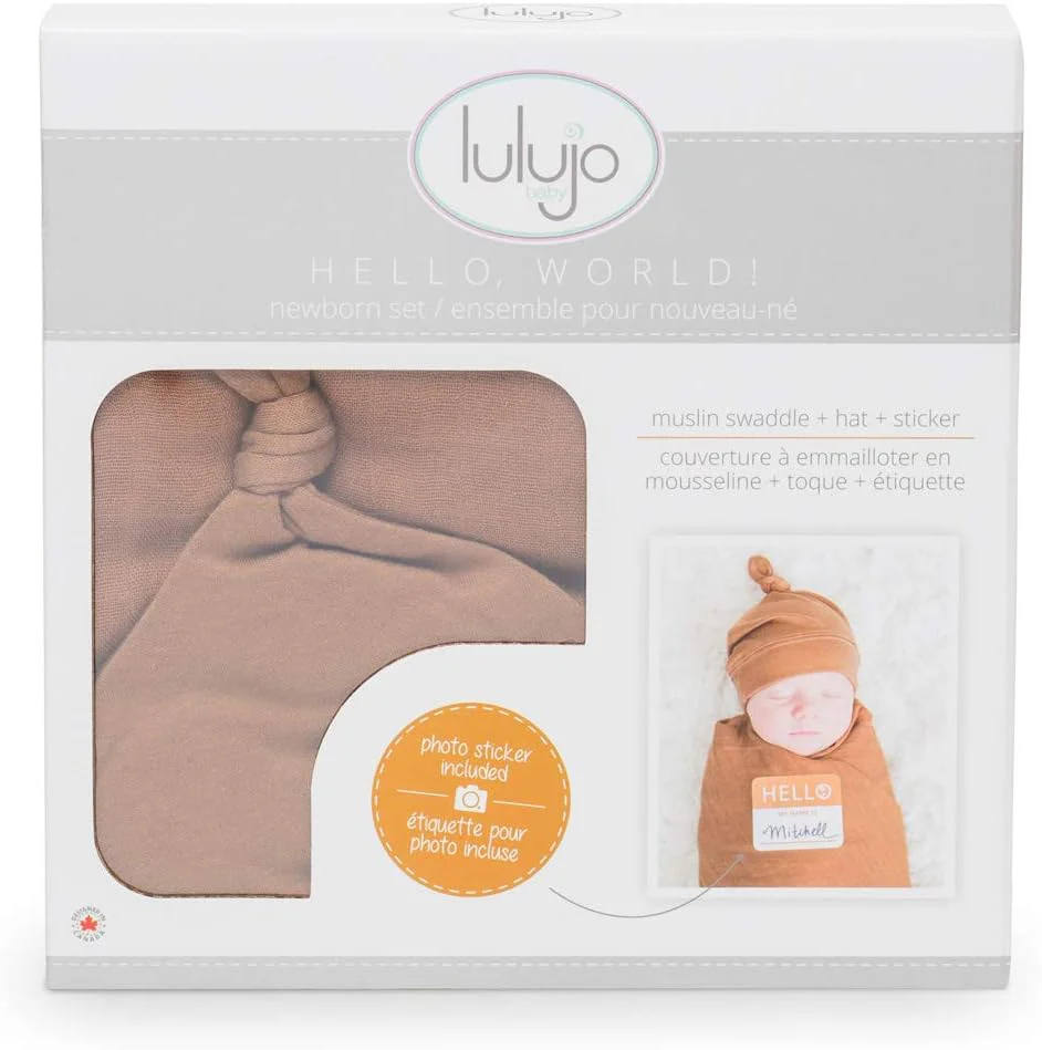 Lulujo Hello World Baby Swaddle & Hat - Tan - Image 3