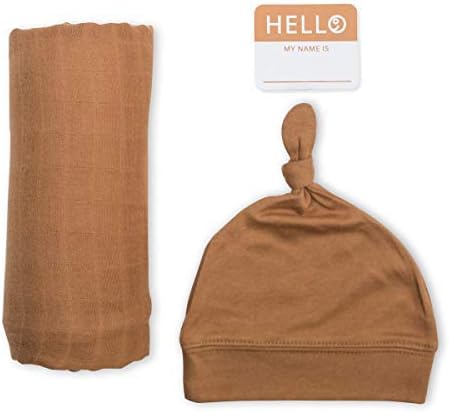 Lulujo Hello World Baby Swaddle & Hat - Tan - Image 5