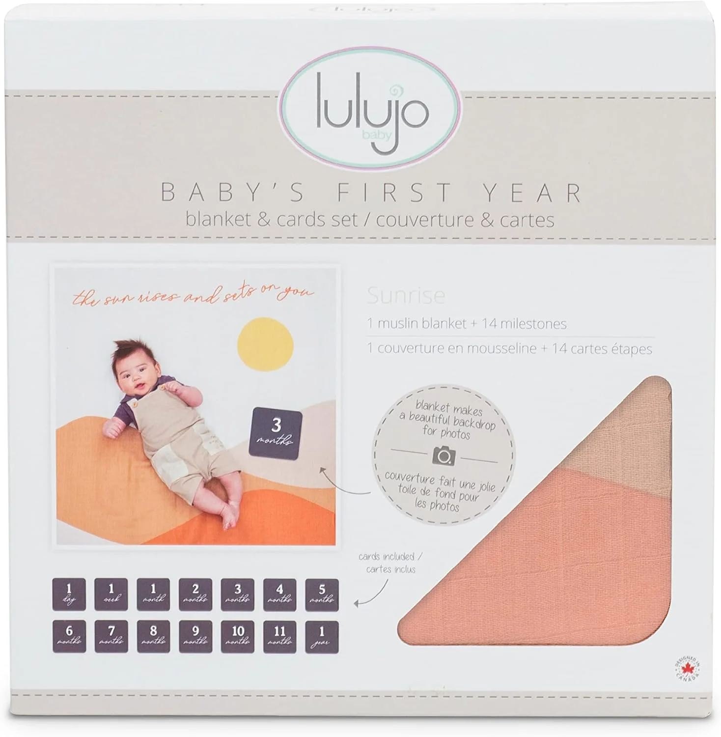 Lulujo Single Cotton Baby Swaddle & Cards - Sun Rises