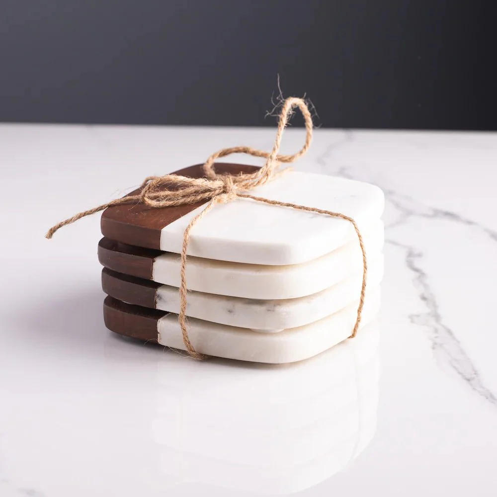 Lunar Oceans Marble and Acacia Wood Coaster - Set of 4 - Image 5