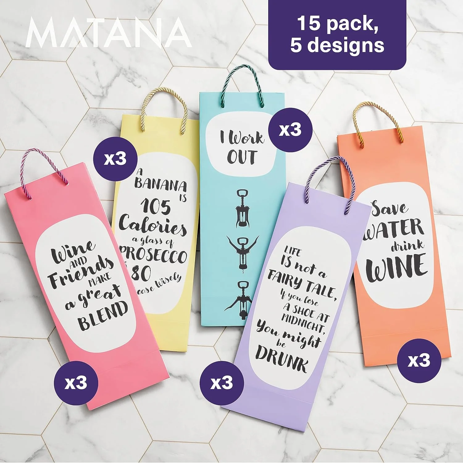 MATANA 15 Premium Wine Bottle Gift Bags with Witty Quotes - 35x13x9cm - Image 5