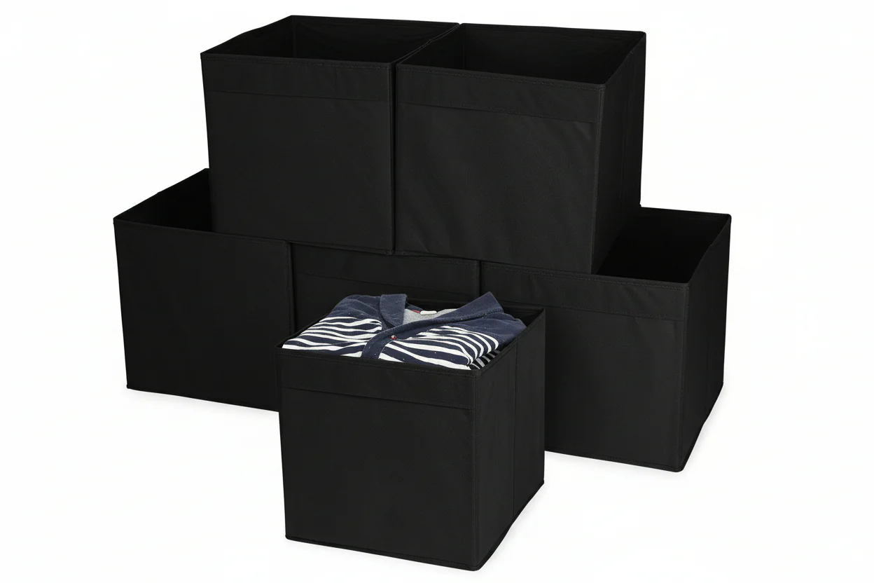 MATANA 6 Storage Boxes (Foldable) - Fabric Cube Canvas Storage Unit - Black 33cm x 33cm x 37cm