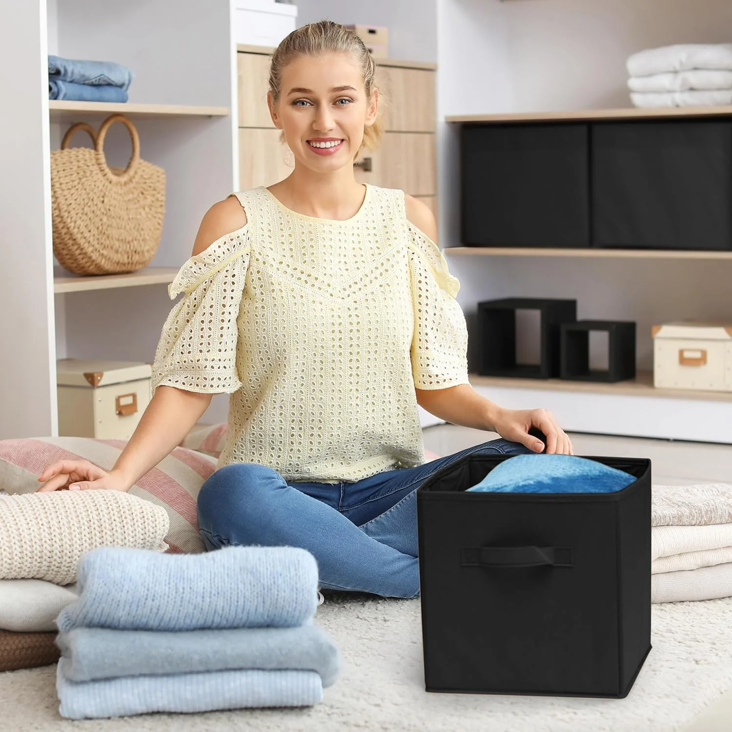 MATANA 6 Storage Boxes (Foldable) - Fabric Cube Canvas Storage Unit - Black 33cm x 33cm x 37cm - Image 4