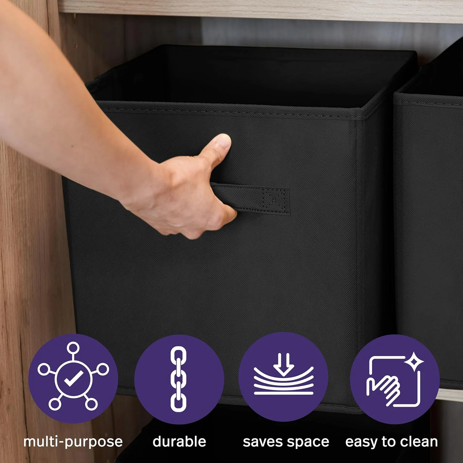 MATANA 6 Storage Boxes (Foldable) - Fabric Cube Canvas Storage Unit - Black 33cm x 33cm x 37cm - Image 5