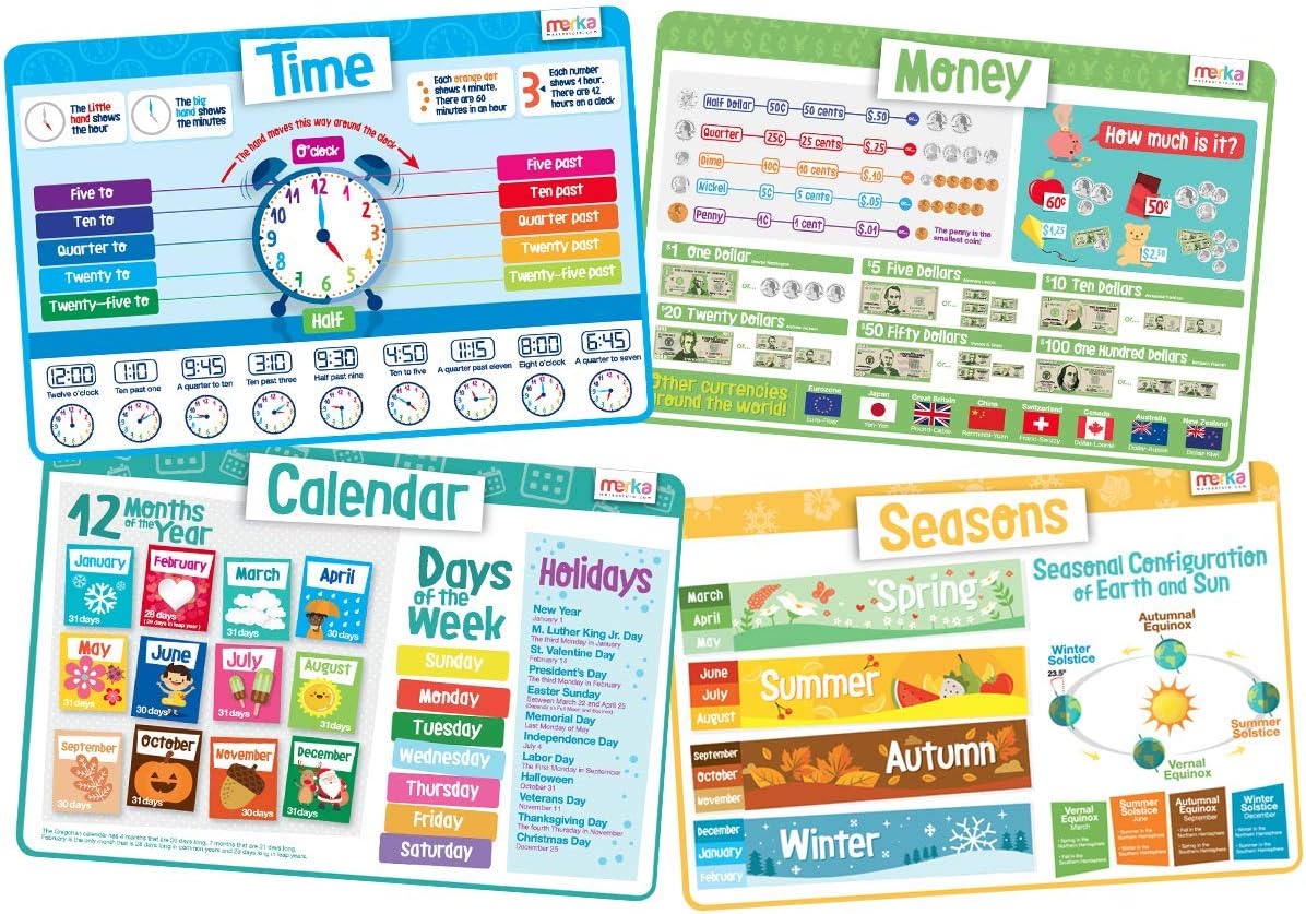 Merka Kids' Educational Placemats - 4 Pack: Time, Money, Calendar, Seasons