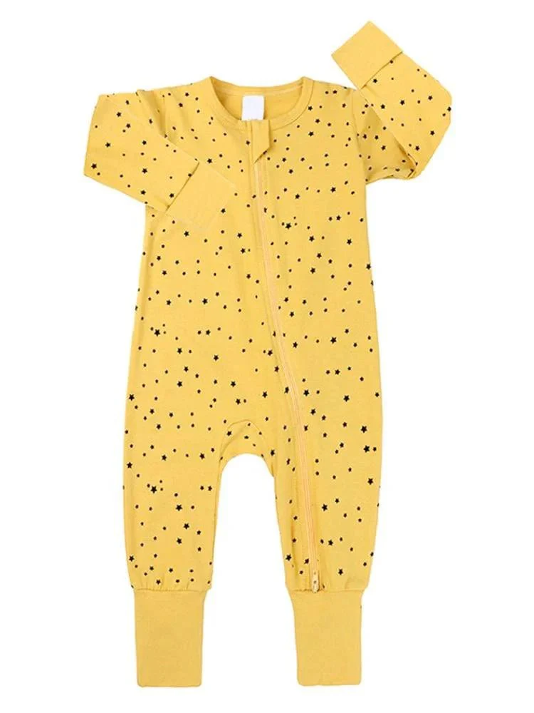 Mustard Stars Baby Zip Sleepsuit with Hand & Feet Cuffs (Various Sizes)