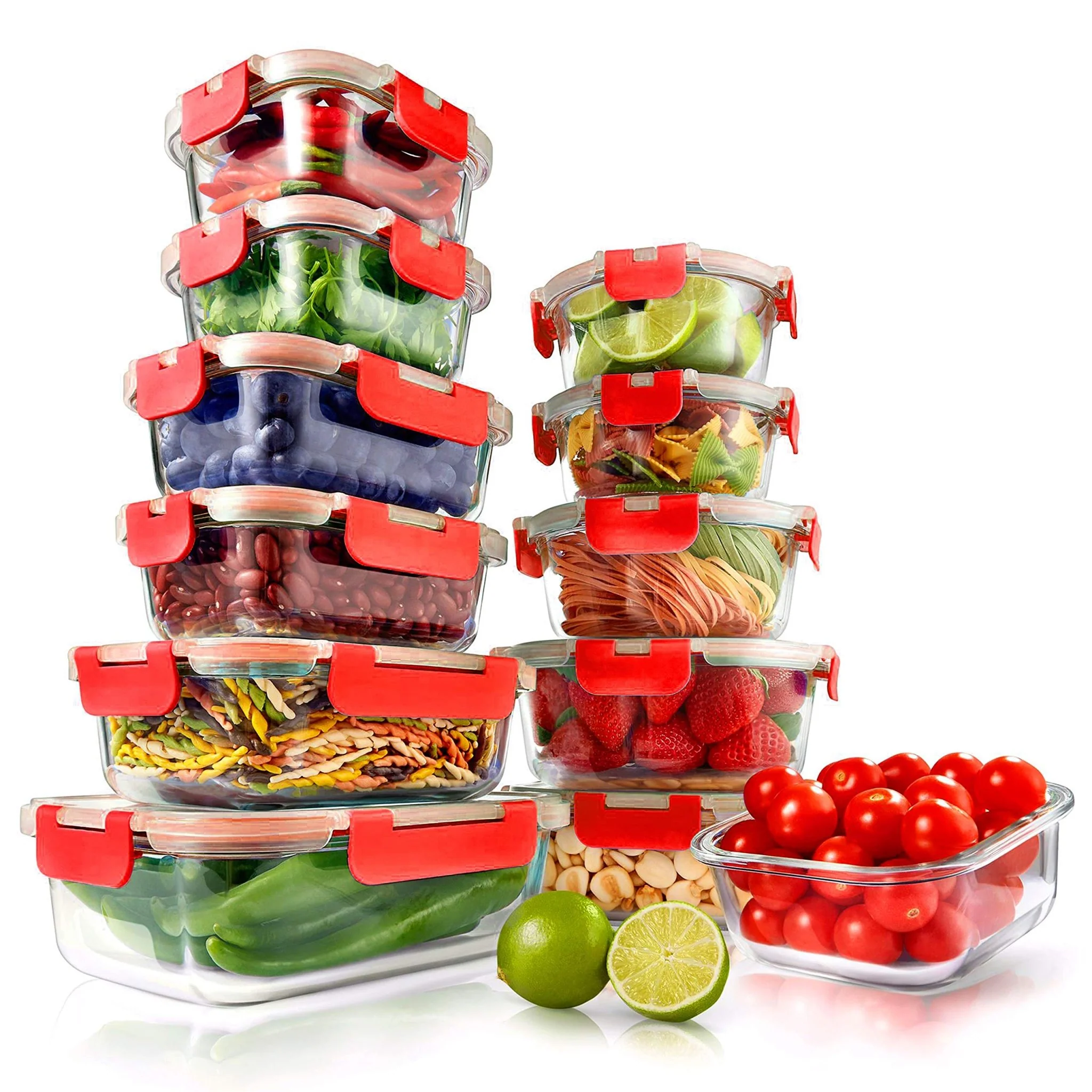 Nutrichef 24-Piece Superior Glass Food Storage Containers - Red