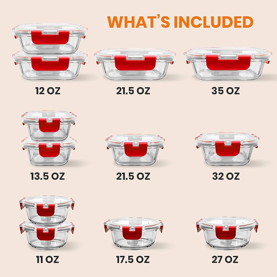 Nutrichef 24-Piece Superior Glass Food Storage Containers - Red - Image 4