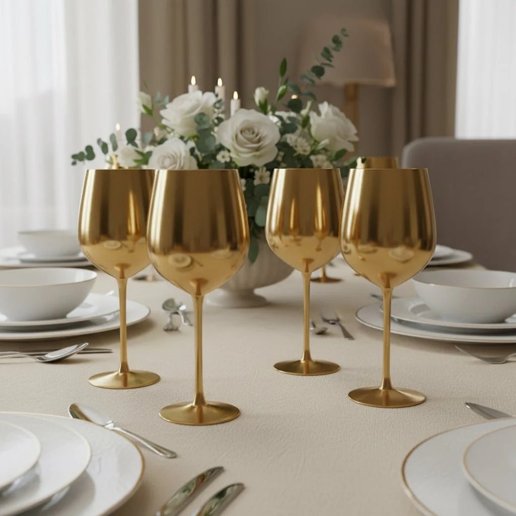 Oak & Steel - 4 Stainless Steel Gold Wine Glasses, 500ml - Shatterproof Party Glass Set - Image 2
