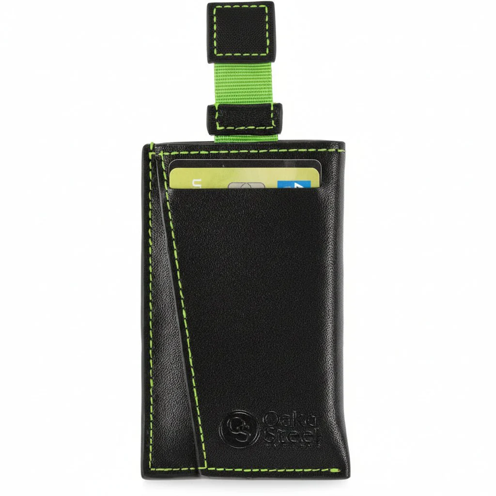 Oak & Steel Premium Black Card Holder/Wallet - Green Stitching