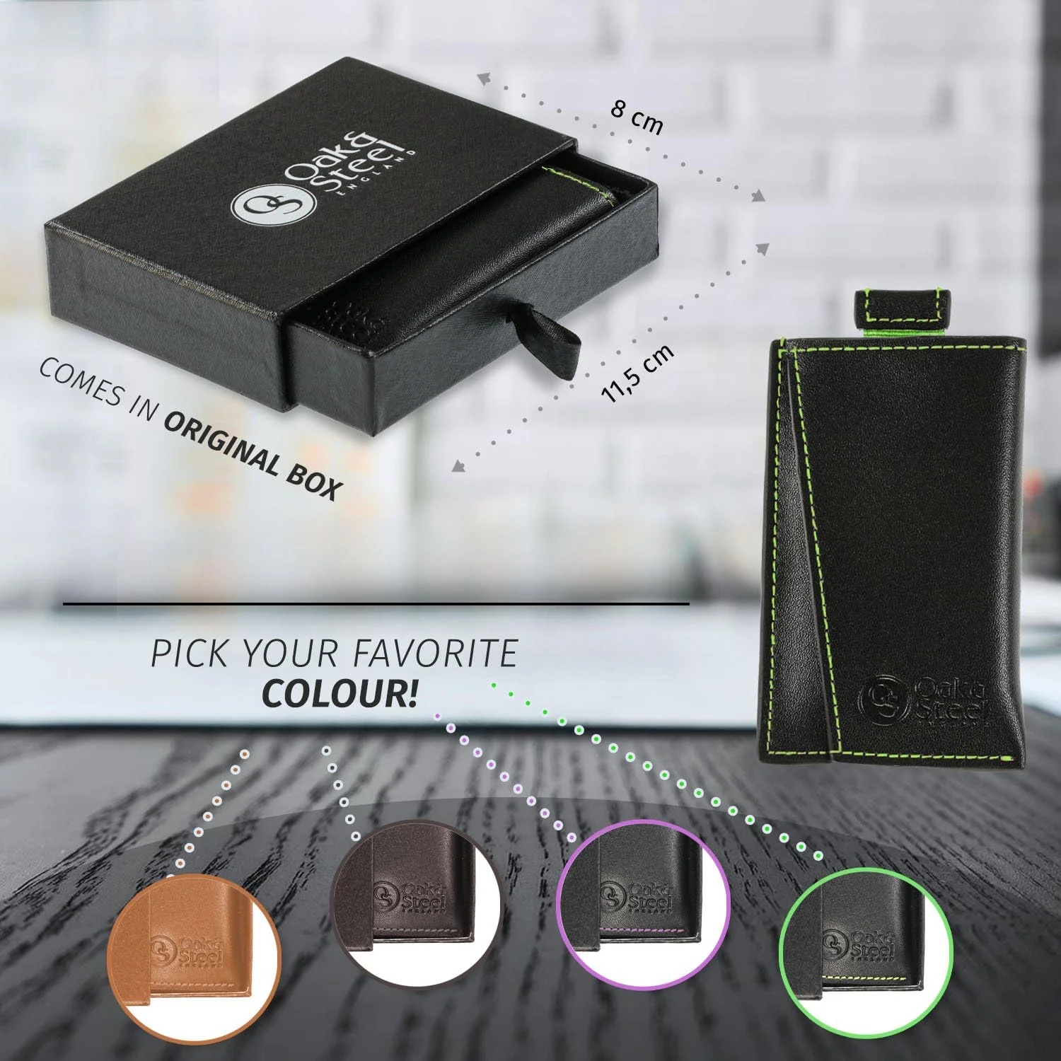 Oak & Steel Premium Black Card Holder/Wallet - Green Stitching - Image 5