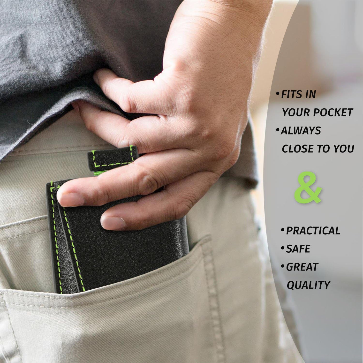 Oak & Steel Premium Black Card Holder/Wallet - Green Stitching - Image 7