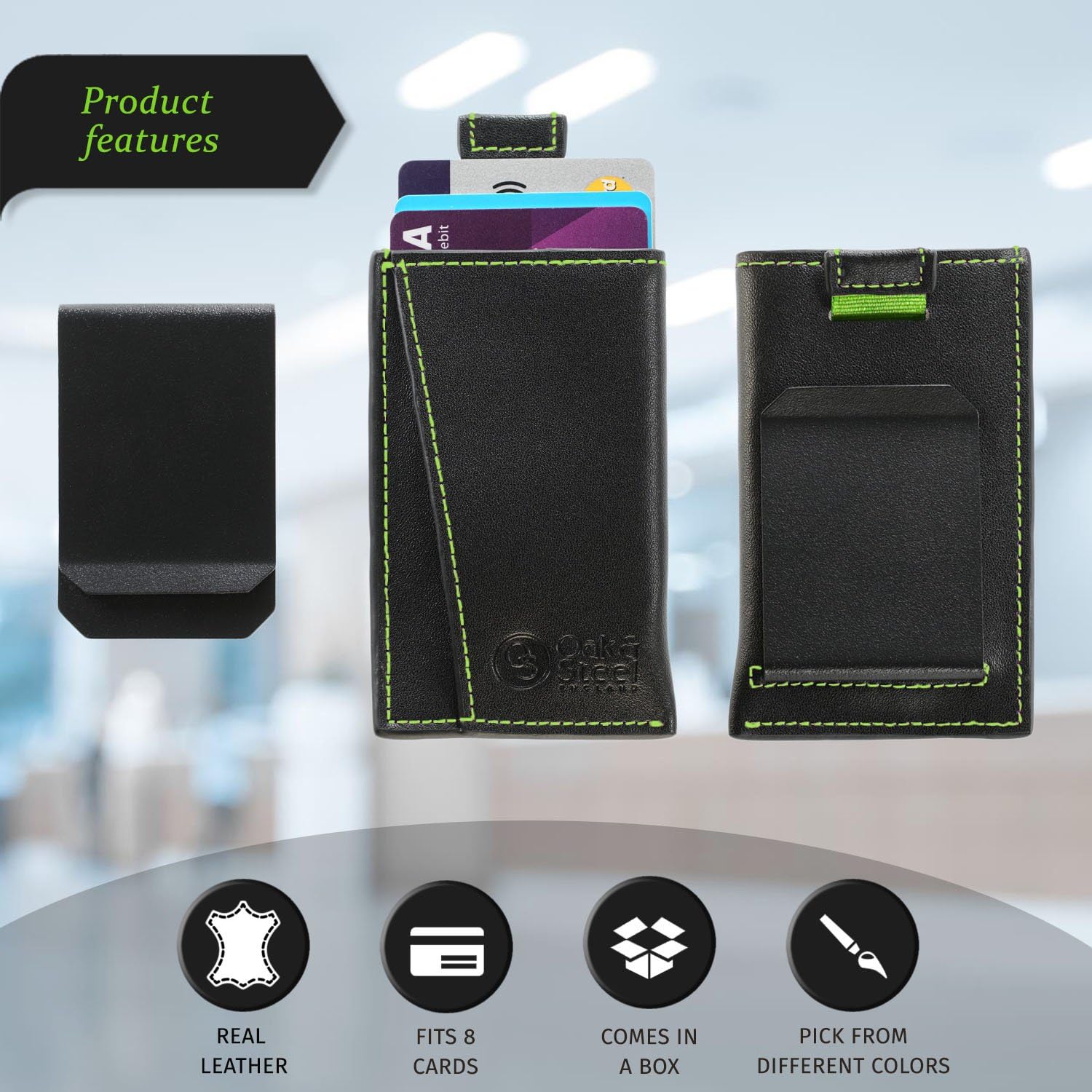 Oak & Steel Premium Black Card Holder/Wallet - Green Stitching - Image 8