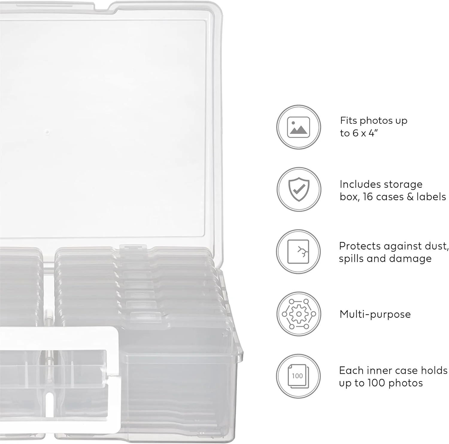 Office Mania - 6"x4" Photo & Crafts Organiser: Storage box, 16 Cases & Labels - Clear - Image 4