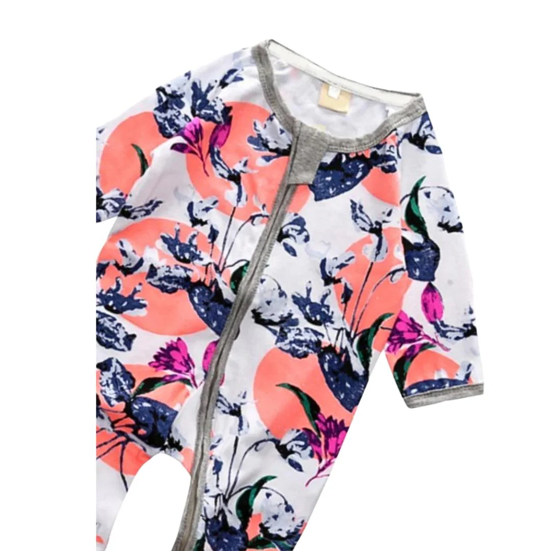 Oriental Flowers - White & Grey Baby Zip Sleepsuit (Various Sizes) - Image 2