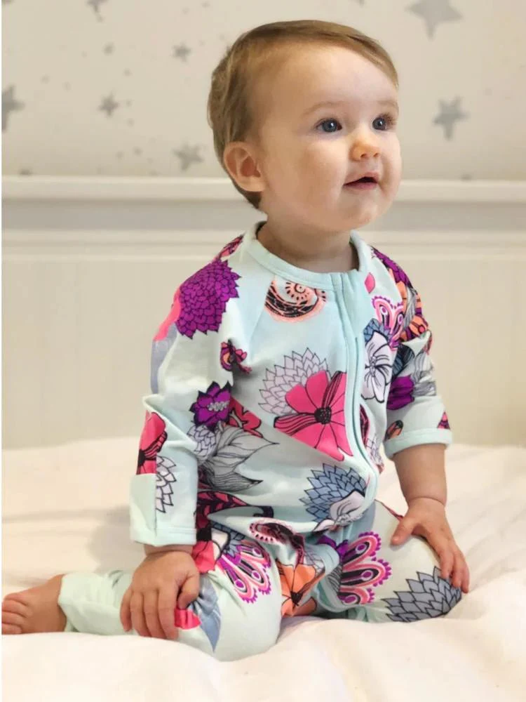 Pale Blue Exotic Flowers Baby Zip Sleepsuit with Hand & Feet Cuffs (Various Sizes) - Image 2
