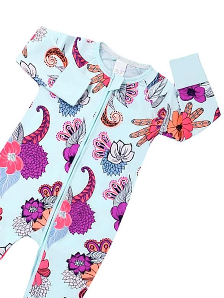 Pale Blue Exotic Flowers Baby Zip Sleepsuit with Hand & Feet Cuffs (Various Sizes) - Image 3