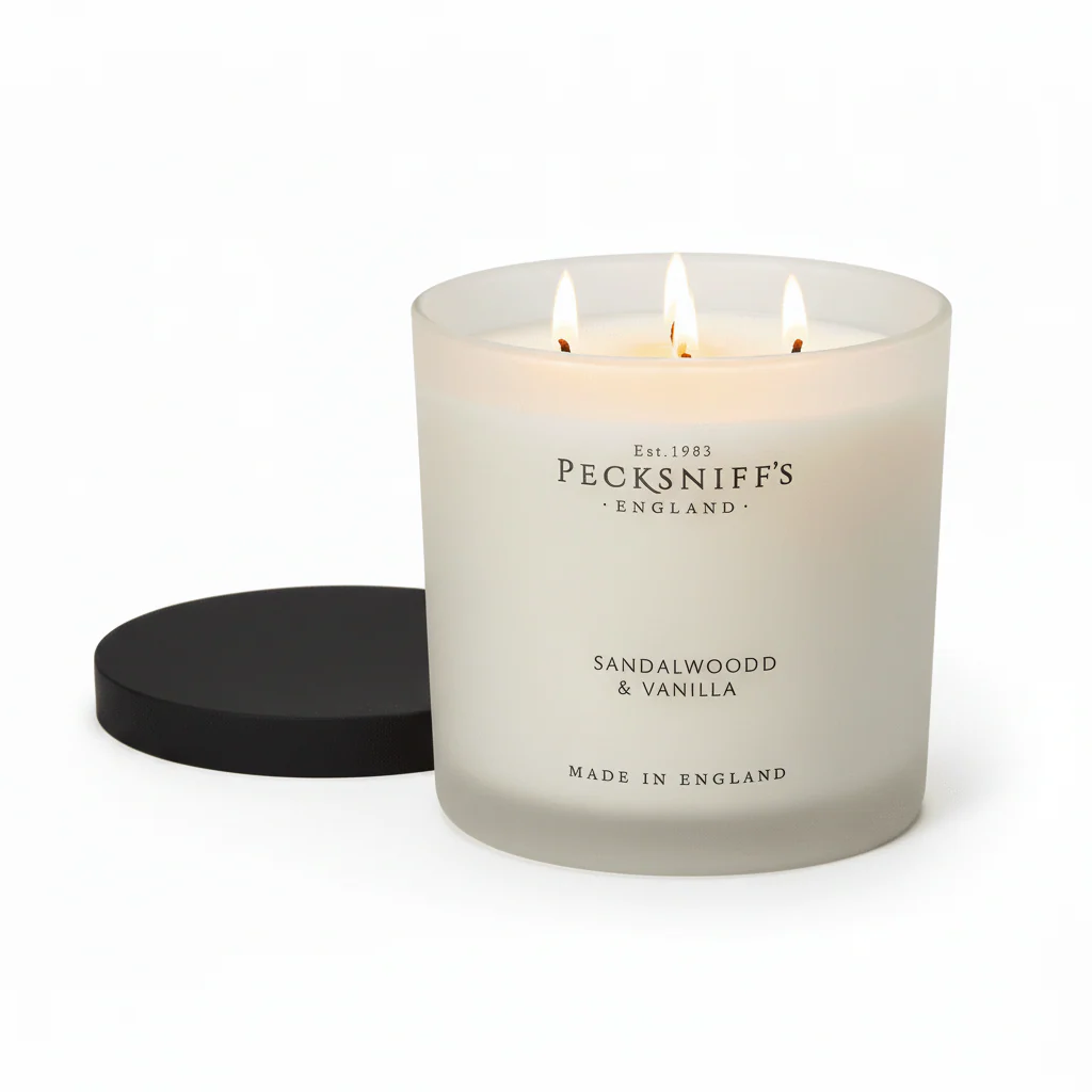 Pecksniff's Classic Sandalwood & Vanilla Tall Candle 3wick 595g - Image 2