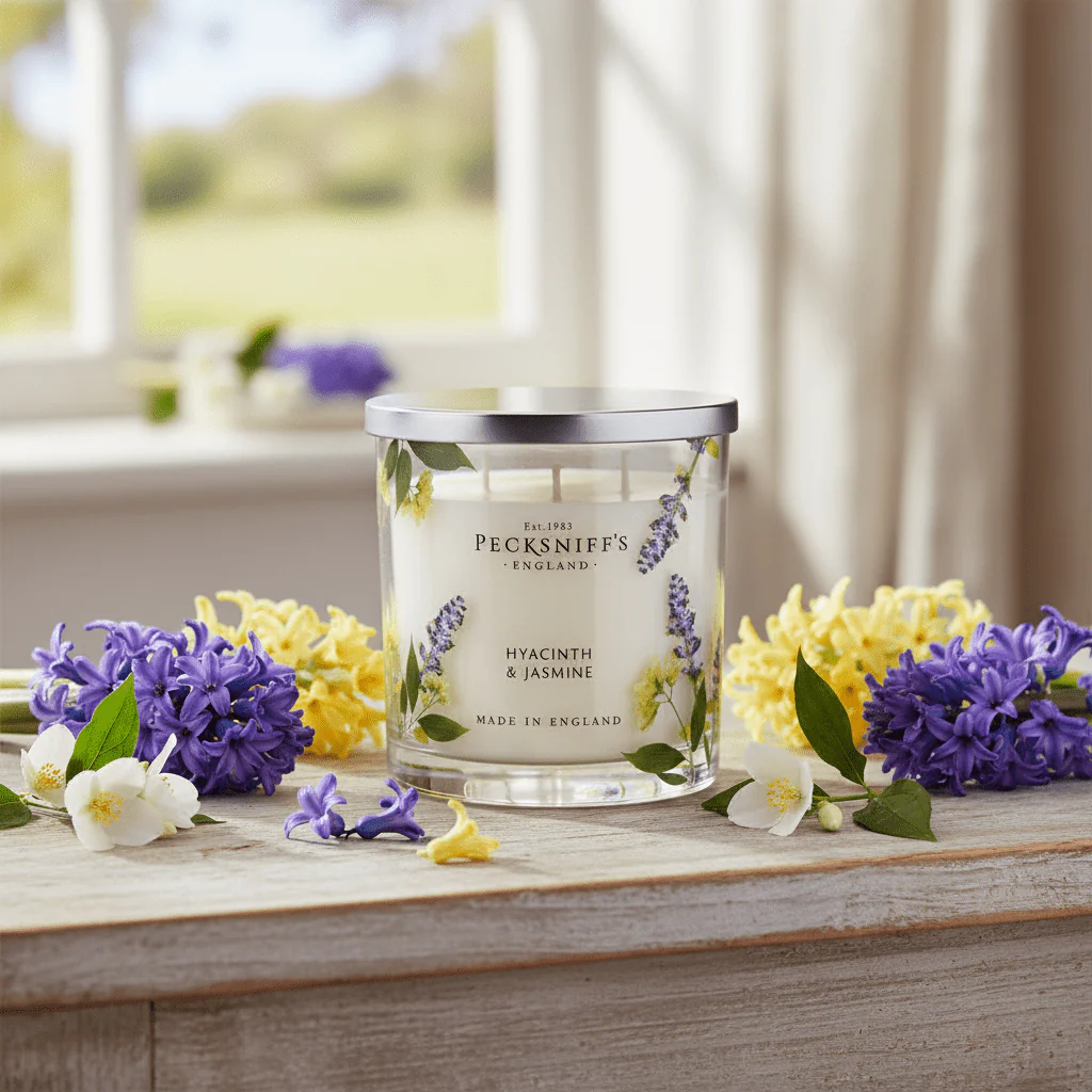 Pecksniff's Soy Wax Scented Candle Hyacinth & Jasmine 3 wick 550g - Image 2