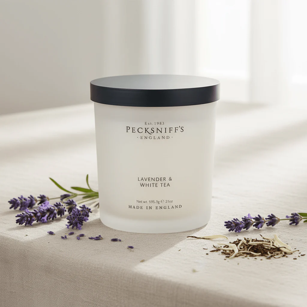 Pecksniff's Lavender & White Tea Scented 3 wick Candle 595g - Image 2