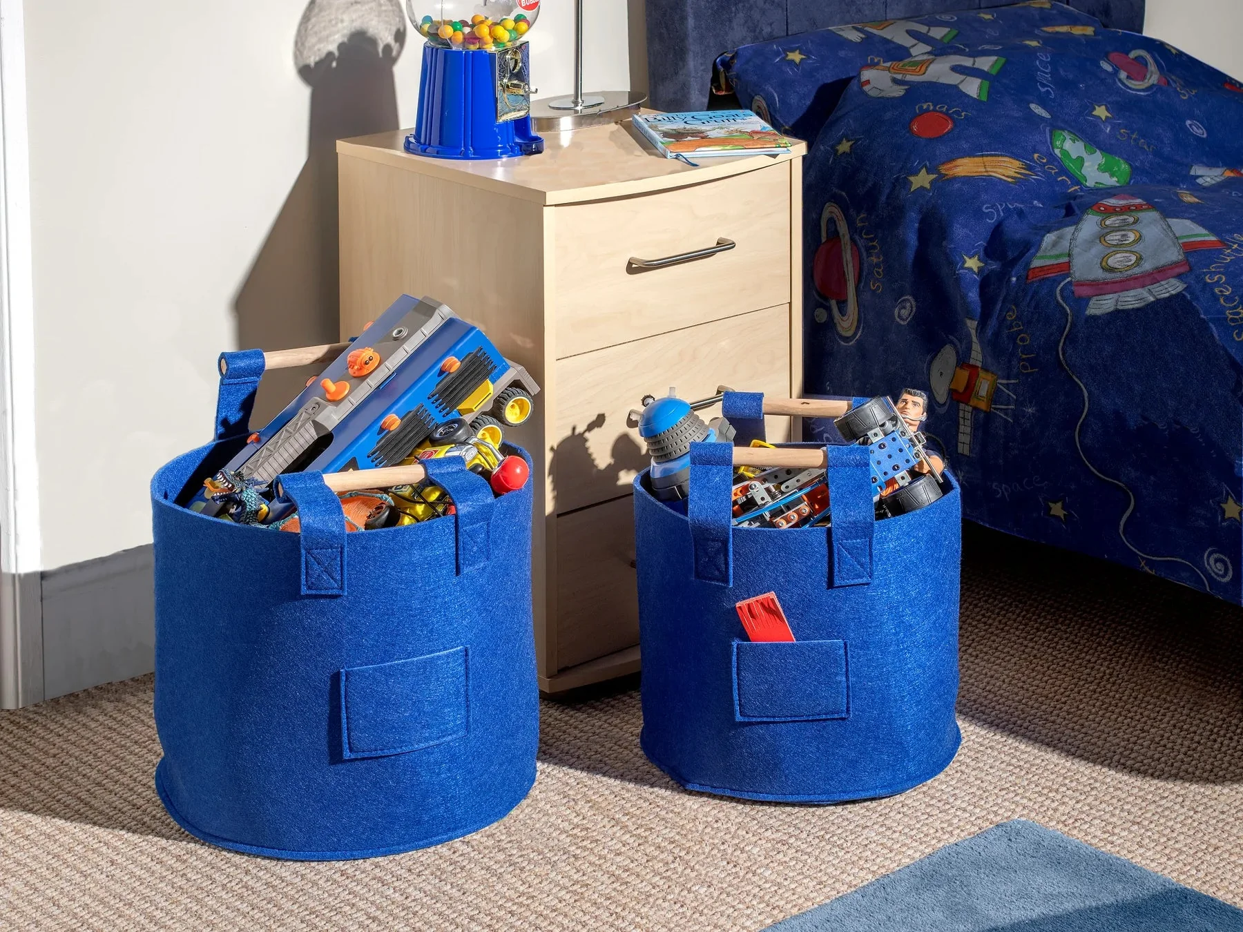 Pinewoodfuels Felt Storage Basket with Ash Wood Handles - Blue (Various Sizes) - Image 2
