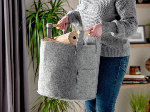 Pinewoodfuels Felt Storage Basket with Ash Wood Handles - Light Grey (Various Sizes) - Image 3