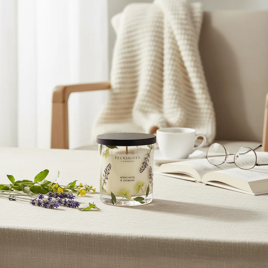 Pecksniff's Hyacinth & Jasmine Scented Candle with Floral Design 198g - Image 2