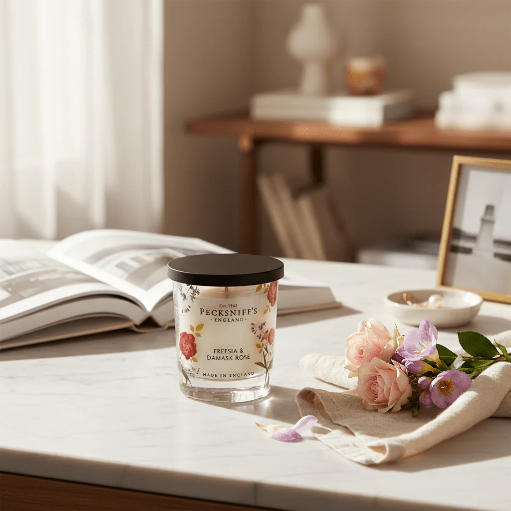 Pecksniff's Freesia & Damask Rose Scented Candle with Lid 198g - Image 2