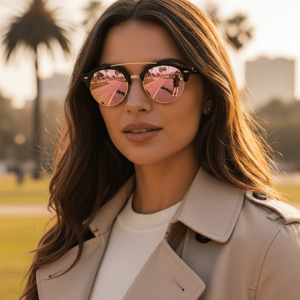 Ray-Ban CLUBROUND DOUBLE BRIDGE - Black Frame/ Light Brown/Mirror Pink Lens RB4346 - Image 2