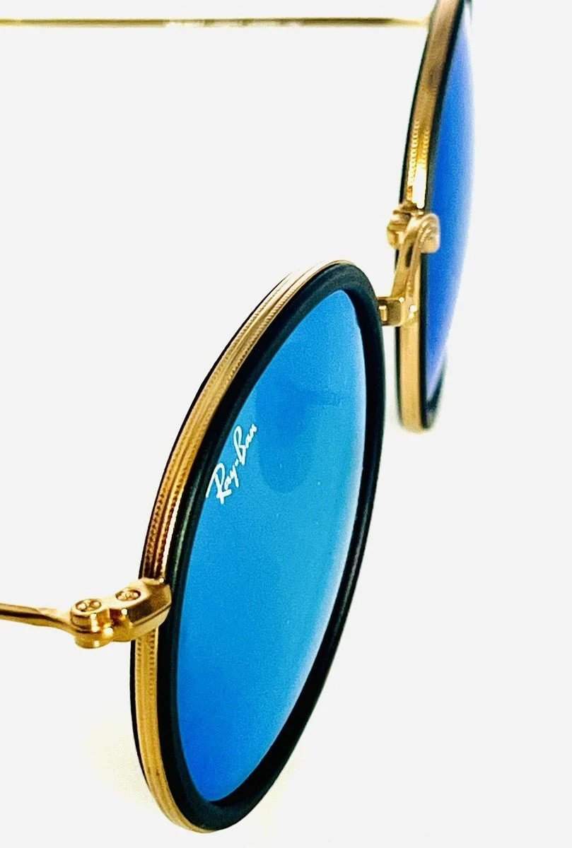 Ray Ban Foldable Round RB3517 112/17 Gold Frame Grey Blue Mirror Lenses - Image 4