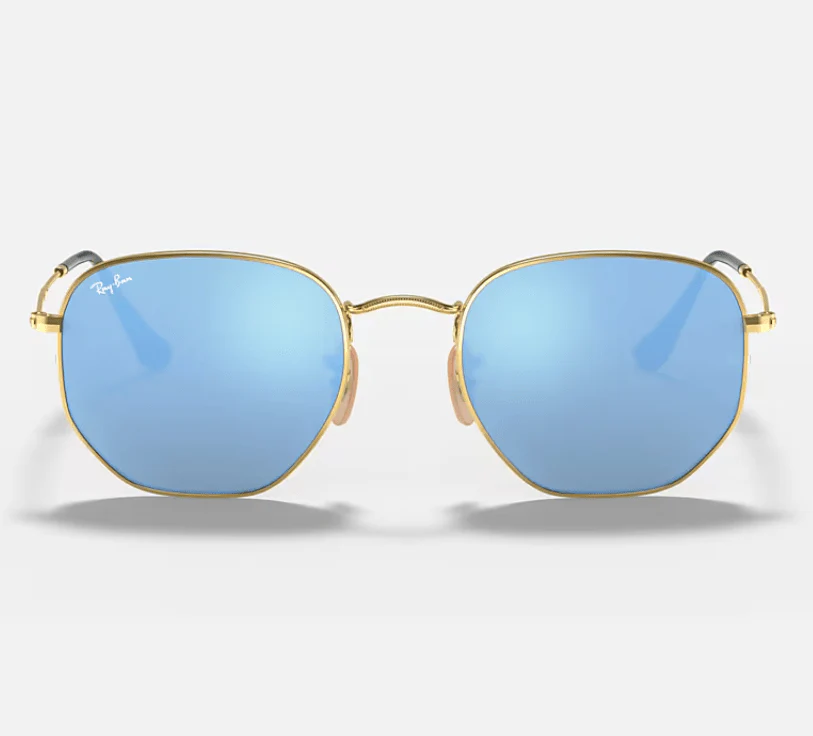 Ray Ban Hexagonal RB3548N Polished Arista Gold Frame - Light Blue Flash Lenses - Image 3