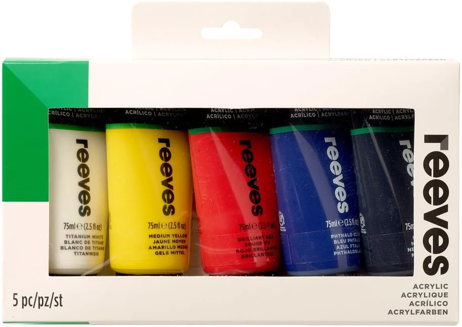 Reeves Acrylic Paint Set - Water-based & Highly Pigmented Colours (5x75ml)