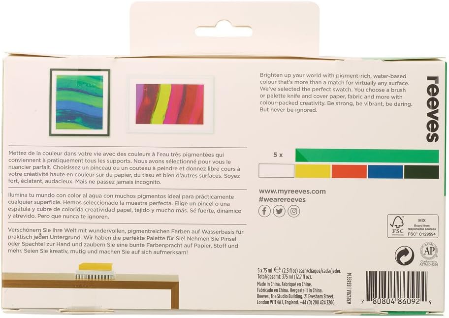 Reeves Acrylic Paint Set - Water-based & Highly Pigmented Colours (5x75ml) - Image 2