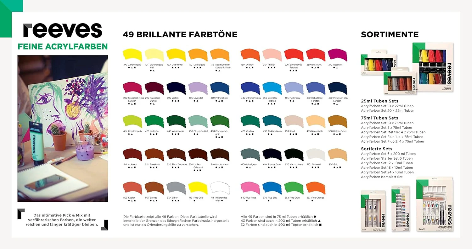 Reeves Acrylic Paint Set - Water-based & Highly Pigmented Colours (5x75ml) - Image 4