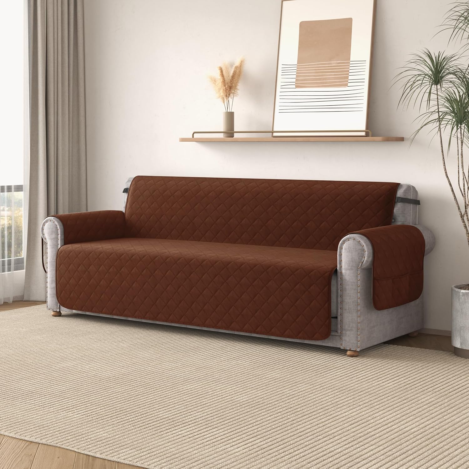 Reversible Sofa Cover for 3 Cushion Couch Non-Slip Furniture Protector - (Chocolate) - Image 9