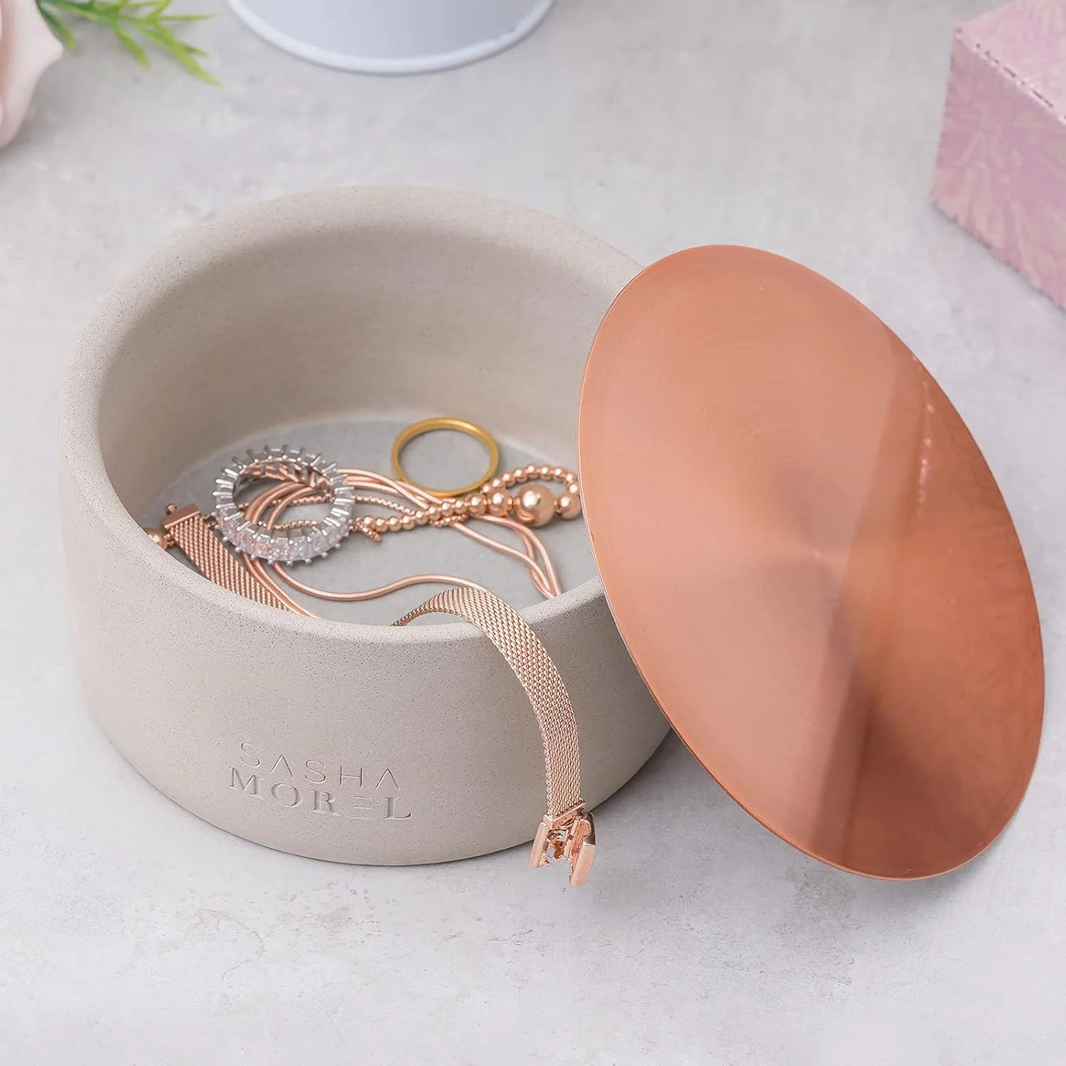Sasha Morel Round Concrete Jewellery Storage Box - Double Layer - Image 4