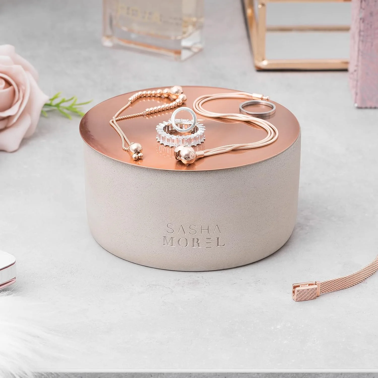 Sasha Morel Round Concrete Jewellery Storage Box - Double Layer - Image 6