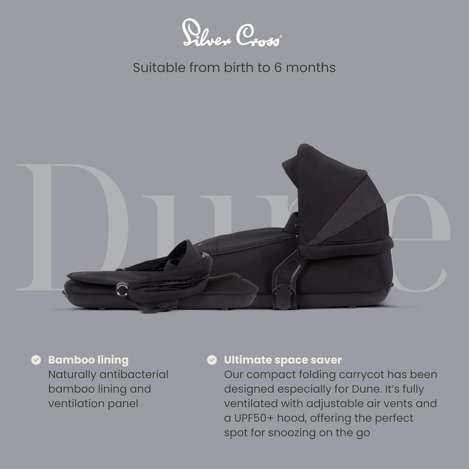 Silver Cross | Dune Compact Folding Carrycot - Space Black - Image 3