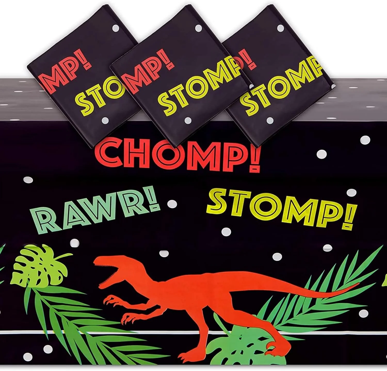 T-Rex Plastic Tablecloth for Dinosaur Birthday Party (Black 54x108in - 3 Pack)