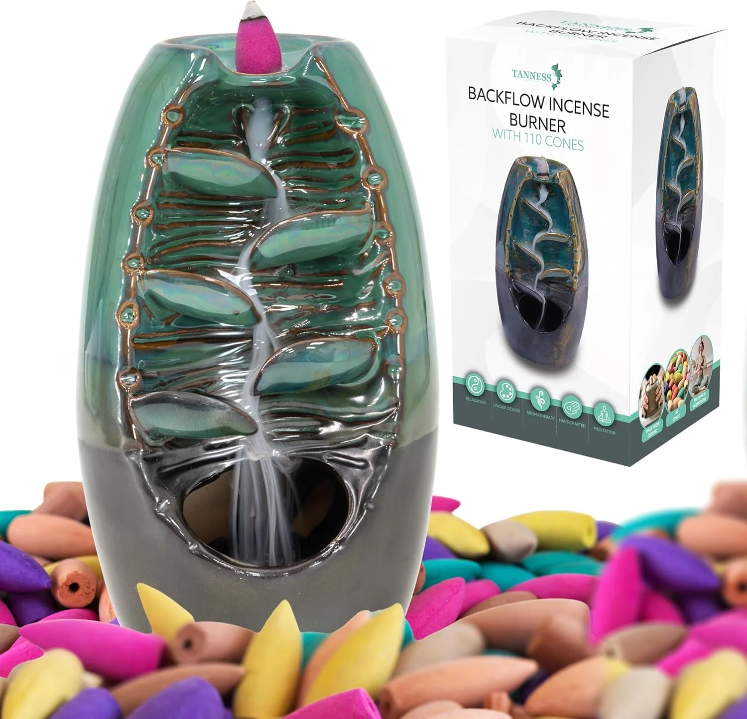 Tanness Backflow Burner - Incense Ceramic Waterfall Holder with 100 Cones