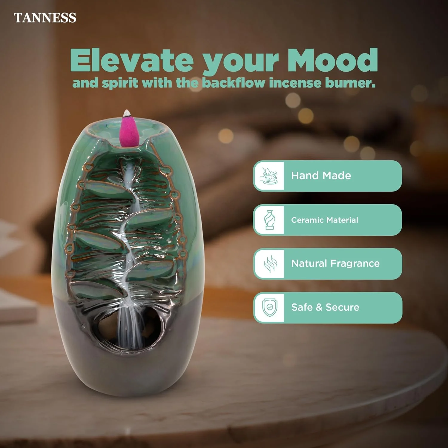Tanness Backflow Burner - Incense Ceramic Waterfall Holder with 100 Cones - Image 3