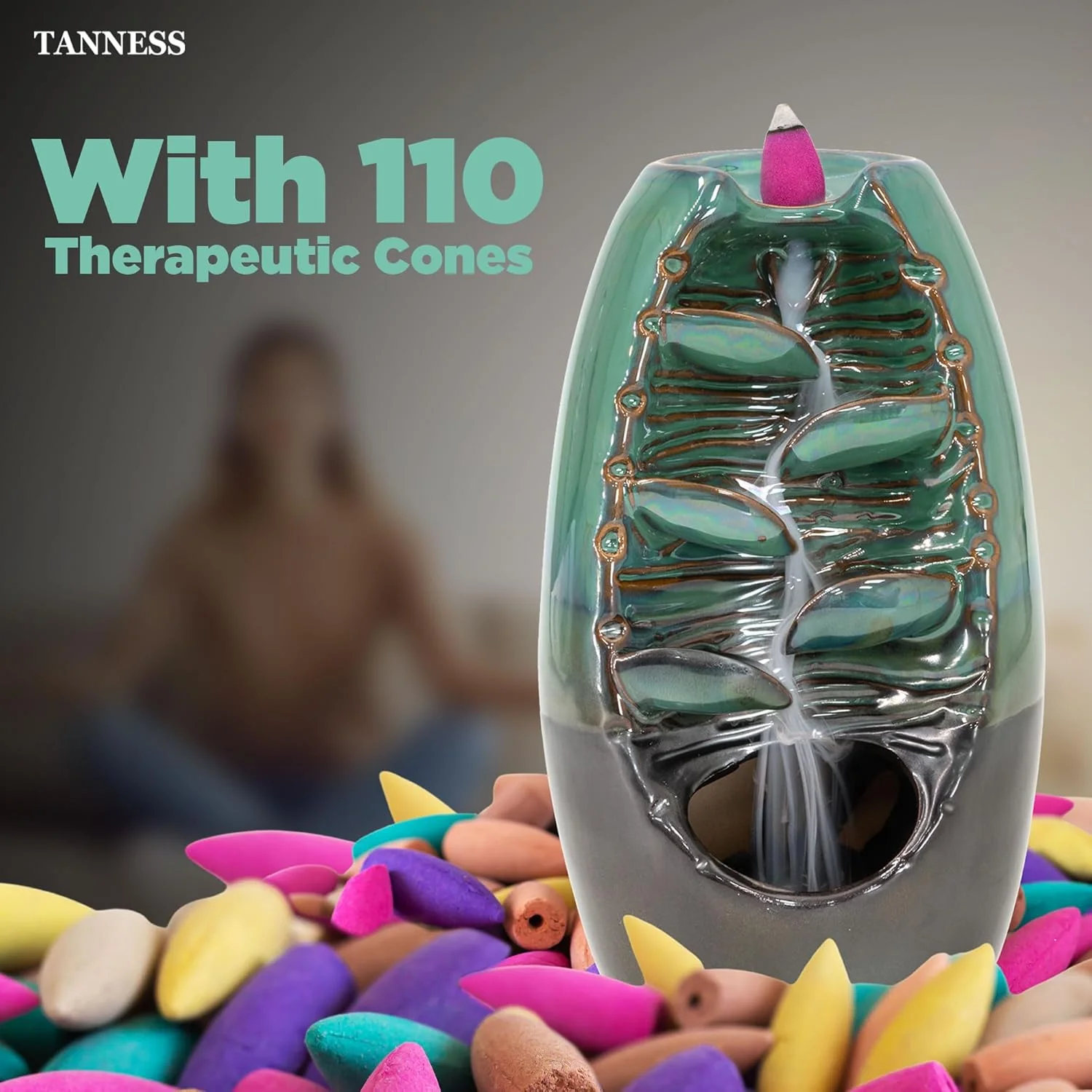 Tanness Backflow Burner - Incense Ceramic Waterfall Holder with 100 Cones - Image 5