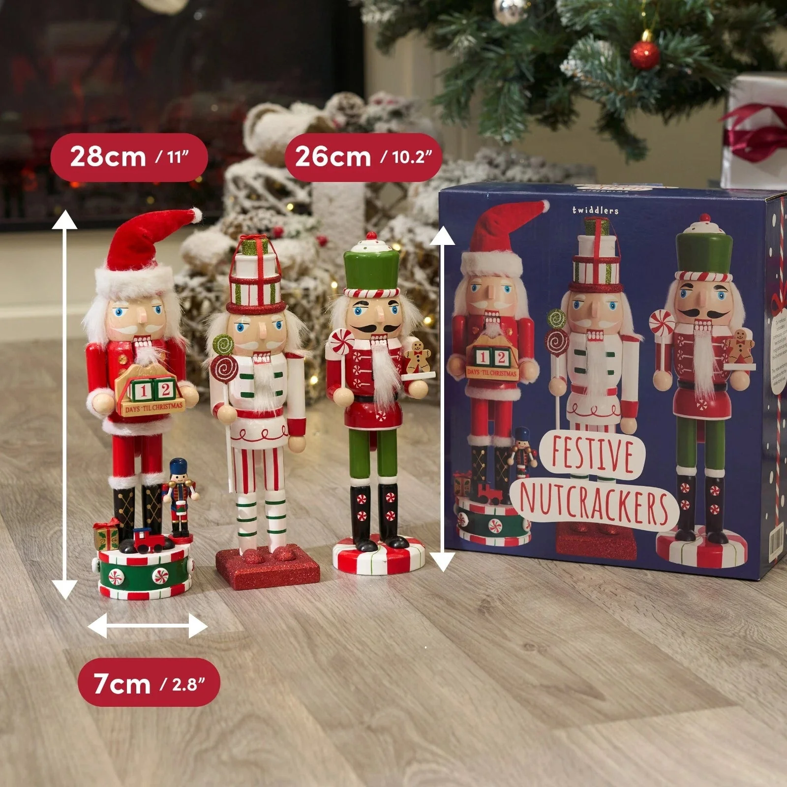 THE TWIDDLERS - 3 Wooden Nutcracker Soldiers, 25cm / 10" in Festive Colours - Image 3
