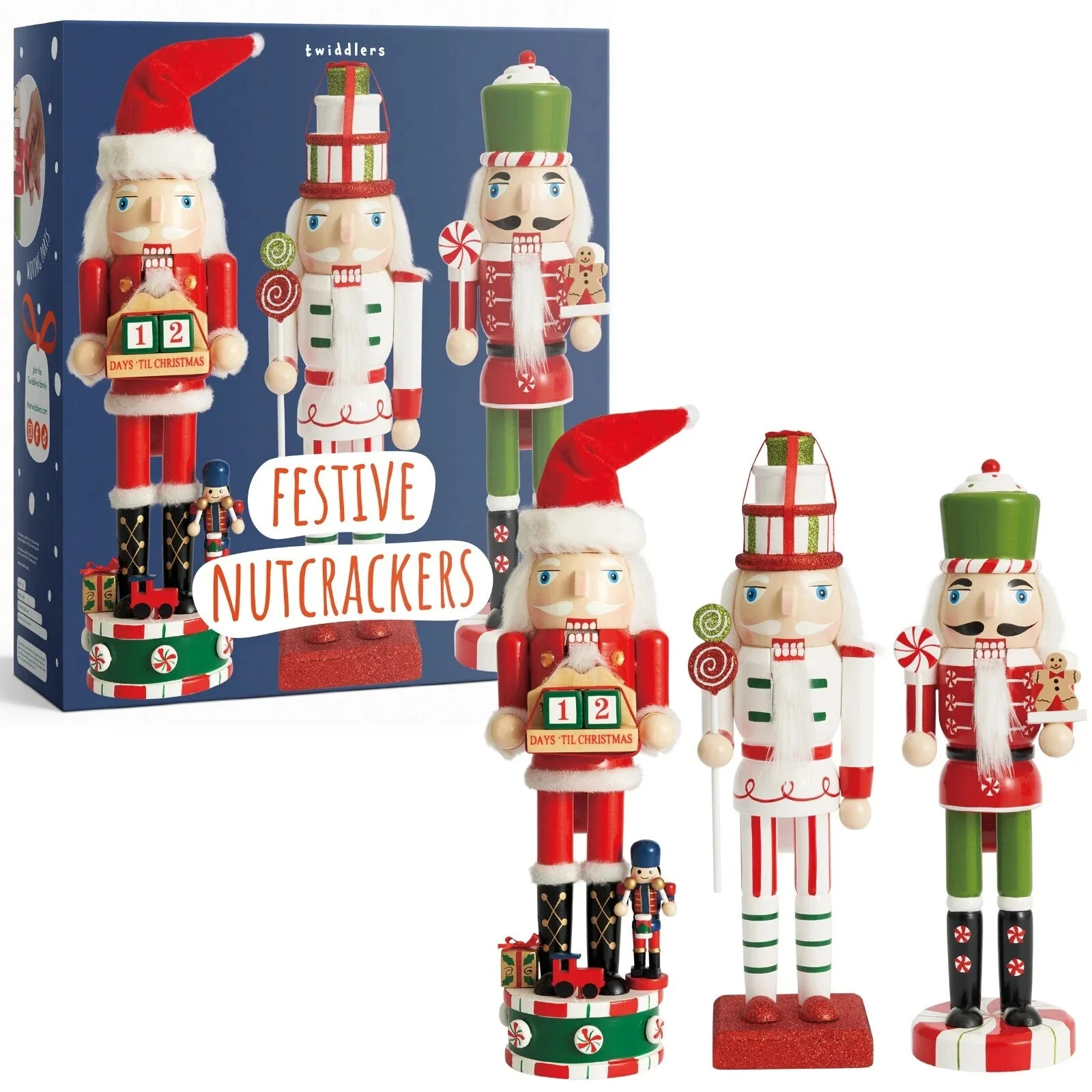 THE TWIDDLERS - 3 Wooden Nutcracker Soldiers, 25cm / 10" in Festive Colours - Image 4