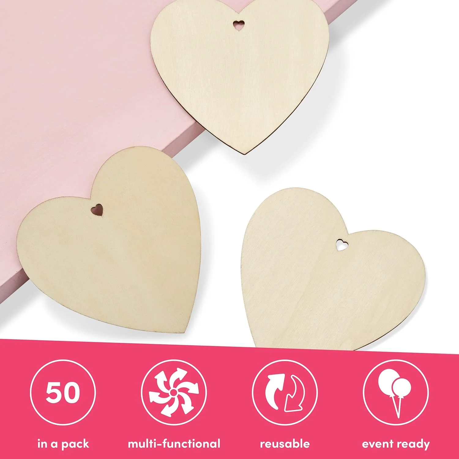 THE TWIDDLERS - 50 Blank Wooden Hearts for Crafting with String 10cm - Image 2