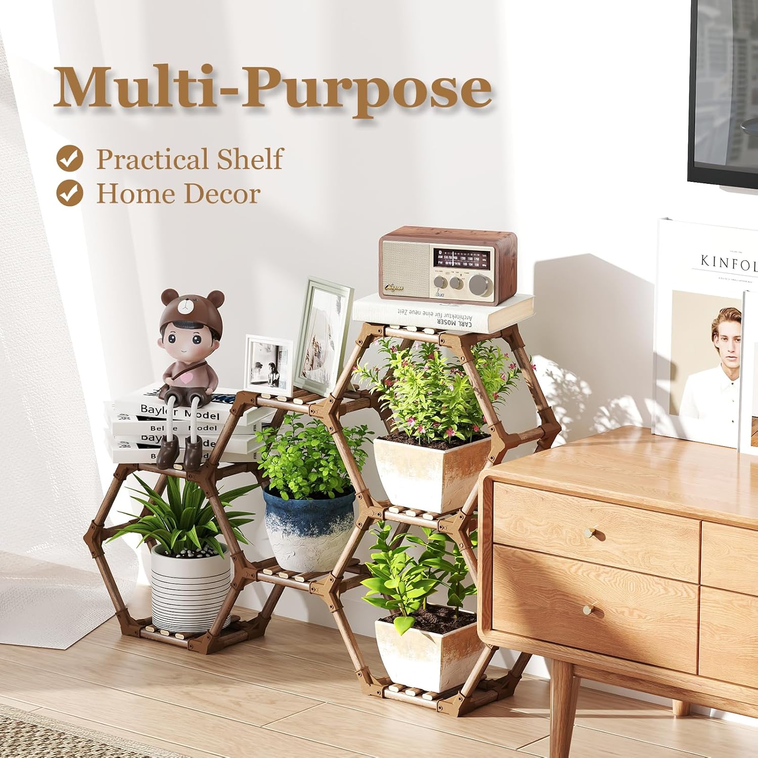 Tikea Hexagonal Wooden Plant Stand for Indoor and Outdoor Use (7 Levels) - Image 3