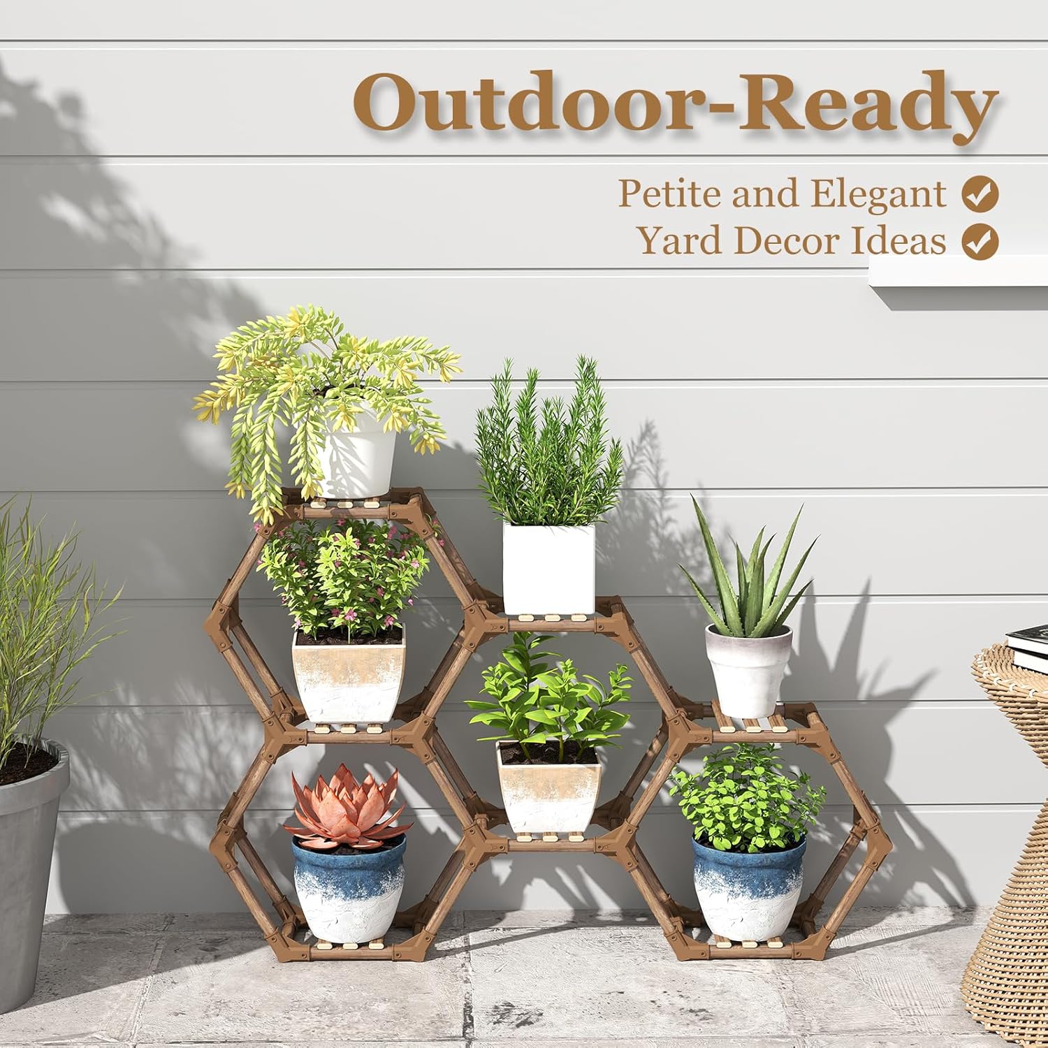 Tikea Hexagonal Wooden Plant Stand for Indoor and Outdoor Use (7 Levels) - Image 4