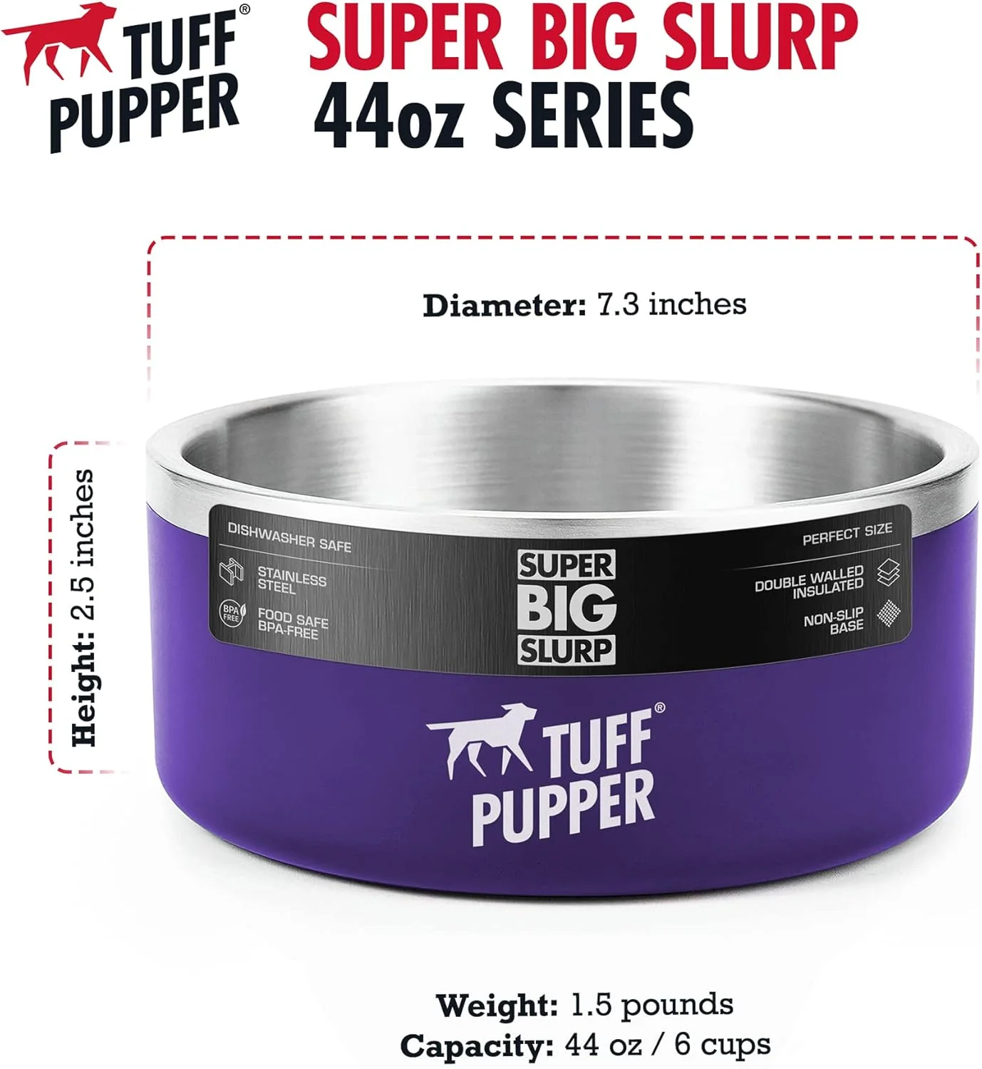 Tuff Pupper Heavy Duty Insulated Bowl for Large Dogs - 1250ml/44oz (Purple) - Image 2