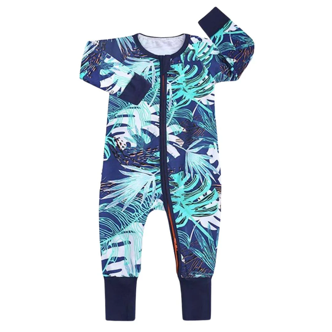 Turquoise Tropical Baby Zip Sleepsuit with Hand & Feet Cuffs (Various Sizes)