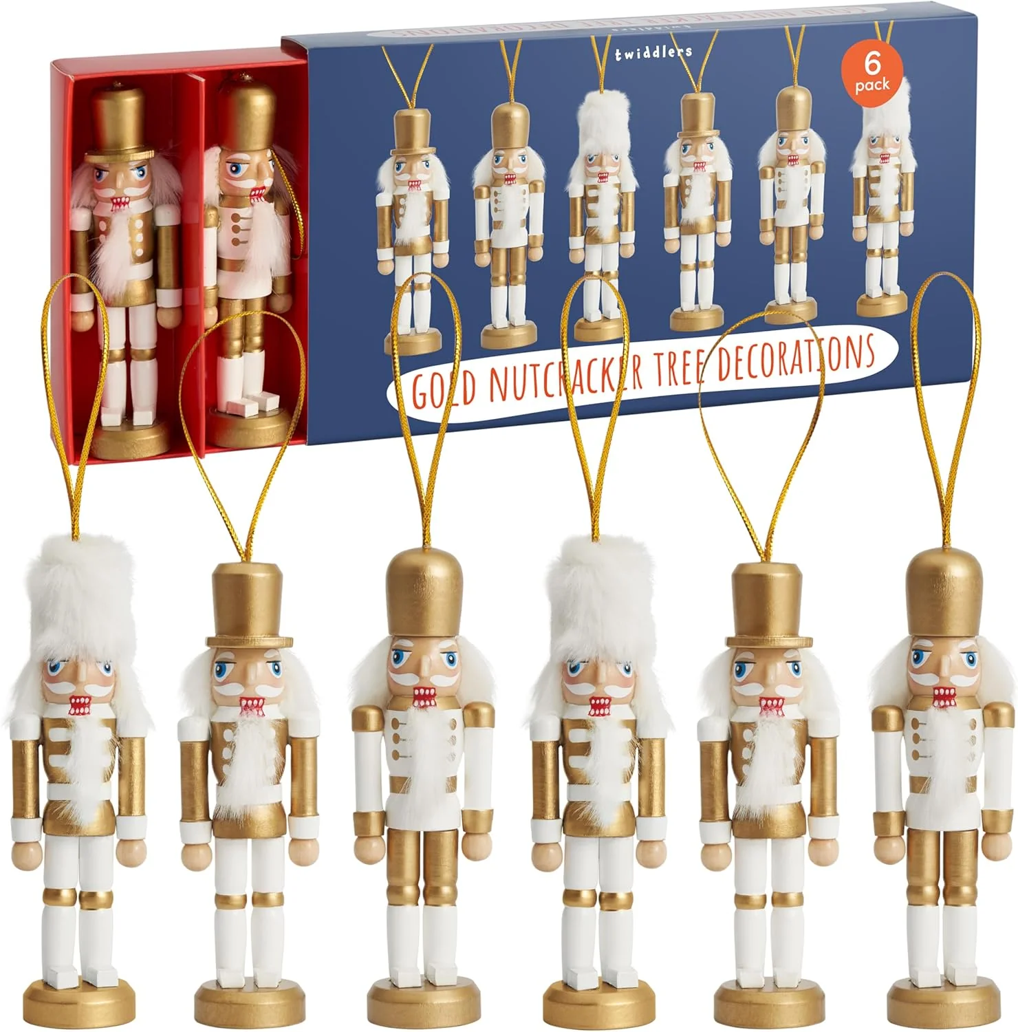 Twiddlers Gold Wooden Nutcracker Tree Decorations Set of 6